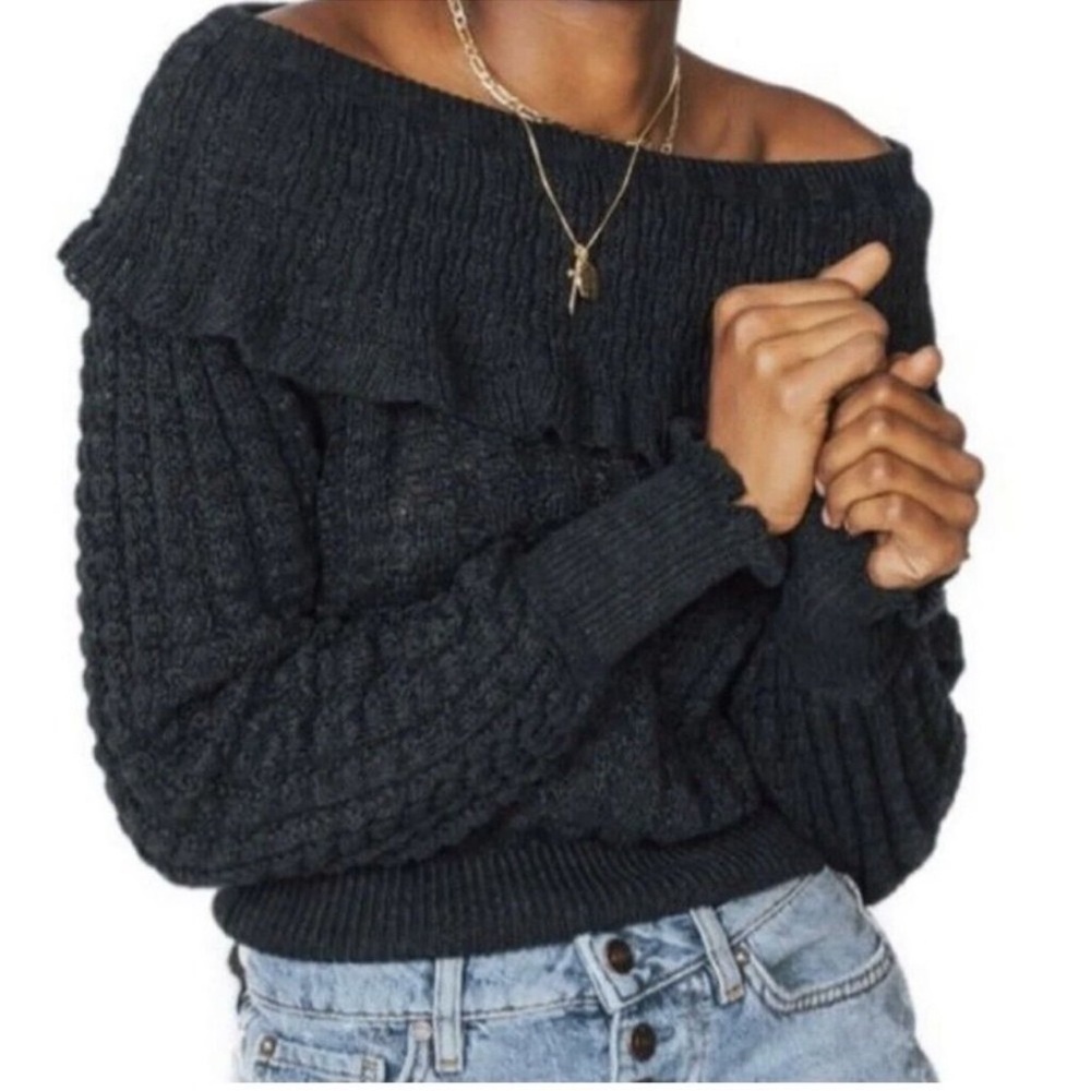 Free People Crazy in Love Off the Shoulder Pullover Knit Sweater Black